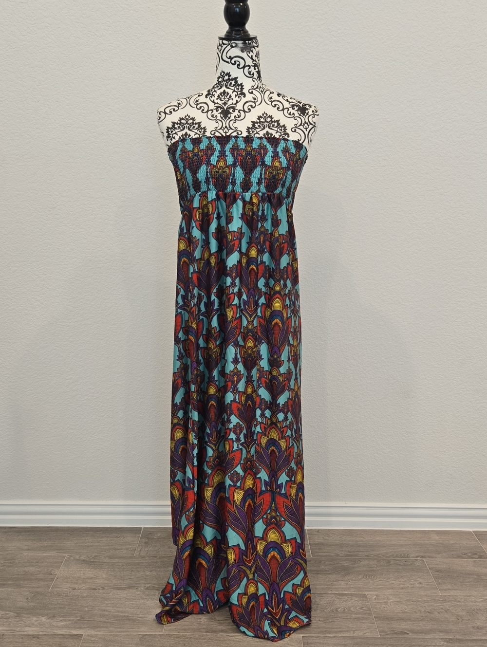 Nicole Miller Silky Strapless Maxi Dress in Turquoise Multi